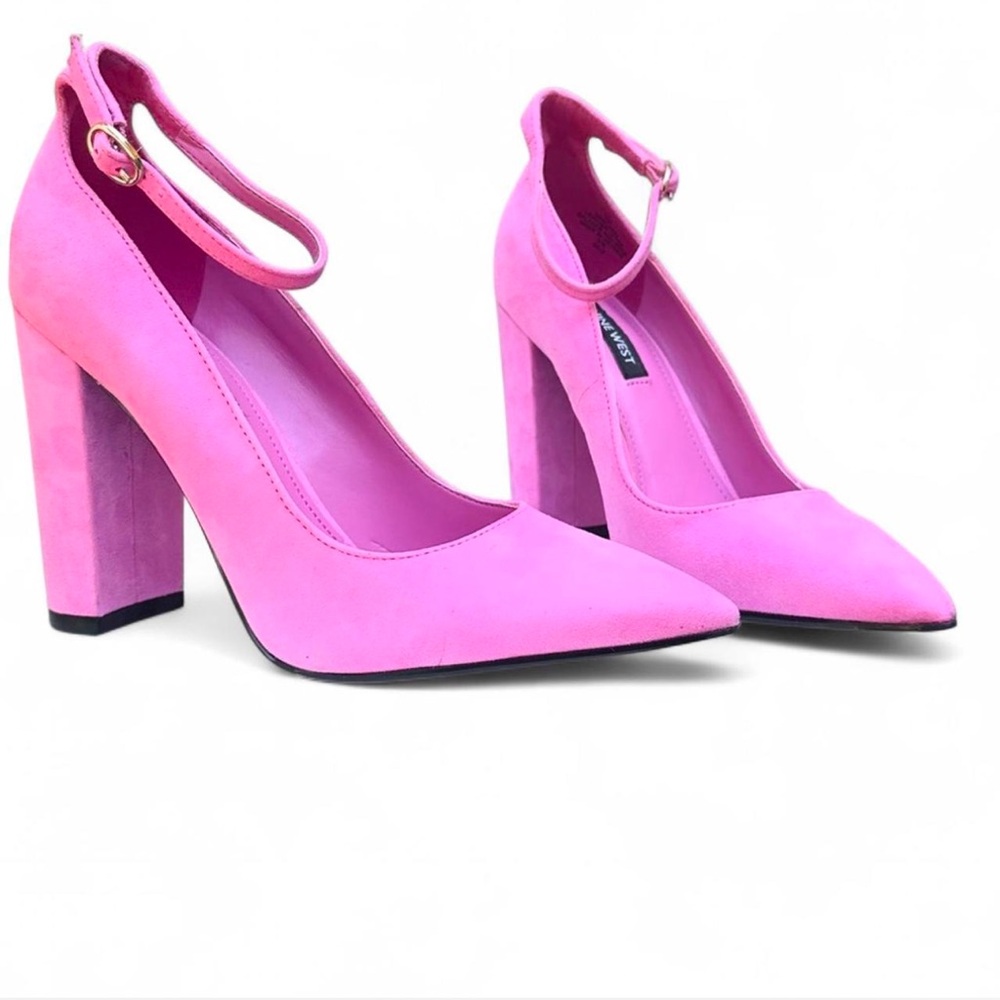 NWT Nine West Plana Suede Pink Pumps with ankle strap and block heel. - Picture 4 of 8